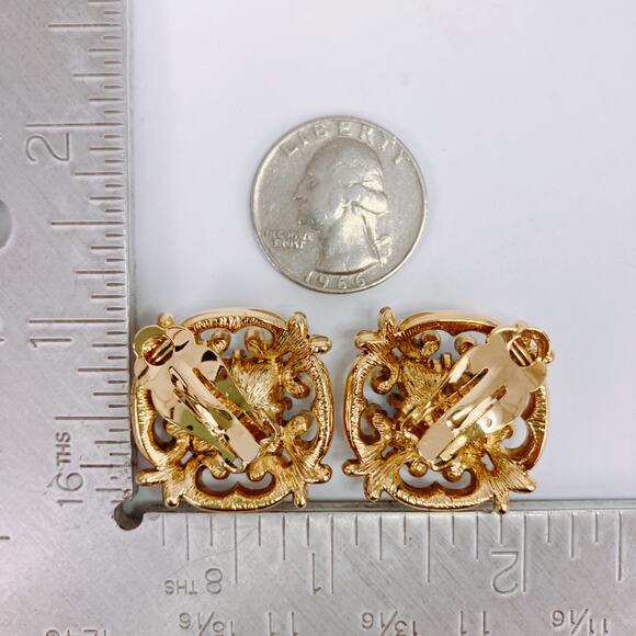 Vintage Signed Joan Rivers Gold Tone Aqua Glass AB Filigree Clip-On Earrings - Picture 11 of 13
